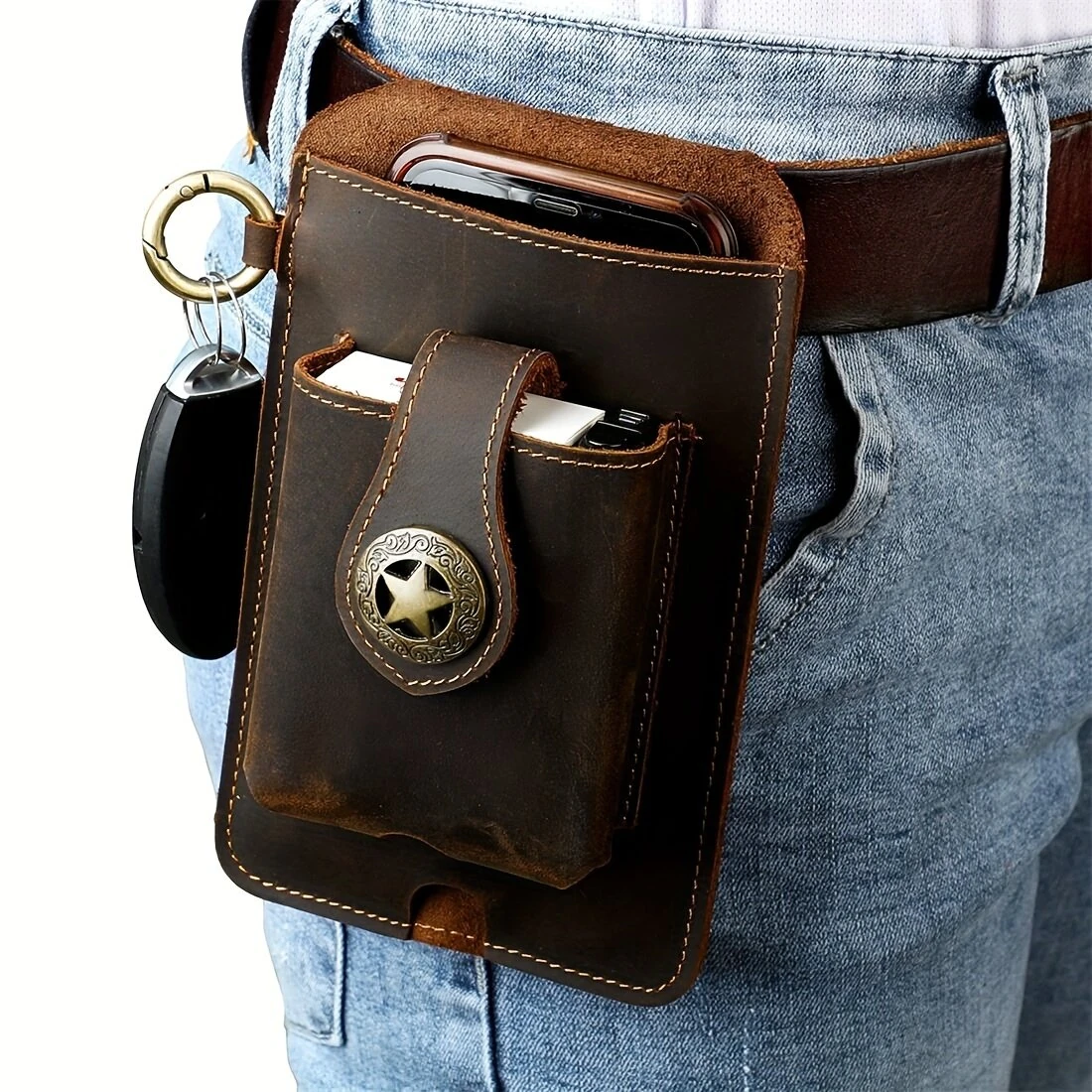 Ekphero Men's Vintage Genuine Leather Belt Bag, Multifunctional Waist Bag with Key Hook, Mobile Phone Bag For Work Outdoor Sports (image for) Ekphero Men's Vintage Genuine Leather Belt Bag, Multifunctional Waist Bag with Key Hook, Mobile Phone Bag For Work Outdoor Sports